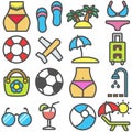 Summer set of travel and tourism icons on the sea coast in flat style. Royalty Free Stock Photo